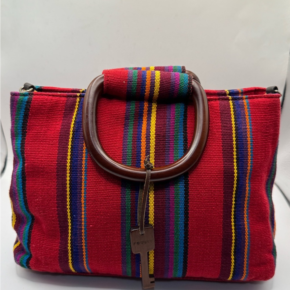 Fossil red multicolor woven handbag with wooden ring handles might missing strap - Picture 8 of 10